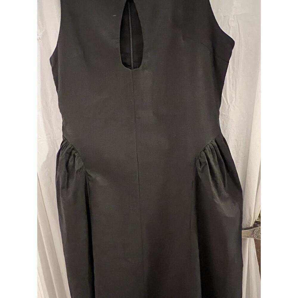 Black Linen Blend Fit And Flare Midi Dress Sz L Side Pleats Goth Retro Cottage - Picture 2 of 8